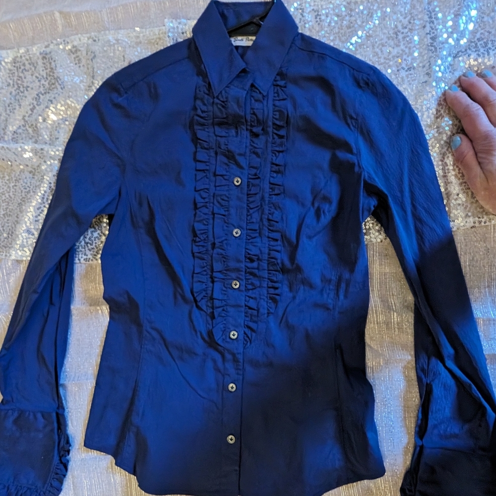 Le Sarte Pettegole Navy Blue with Ruffles Button up Shirt